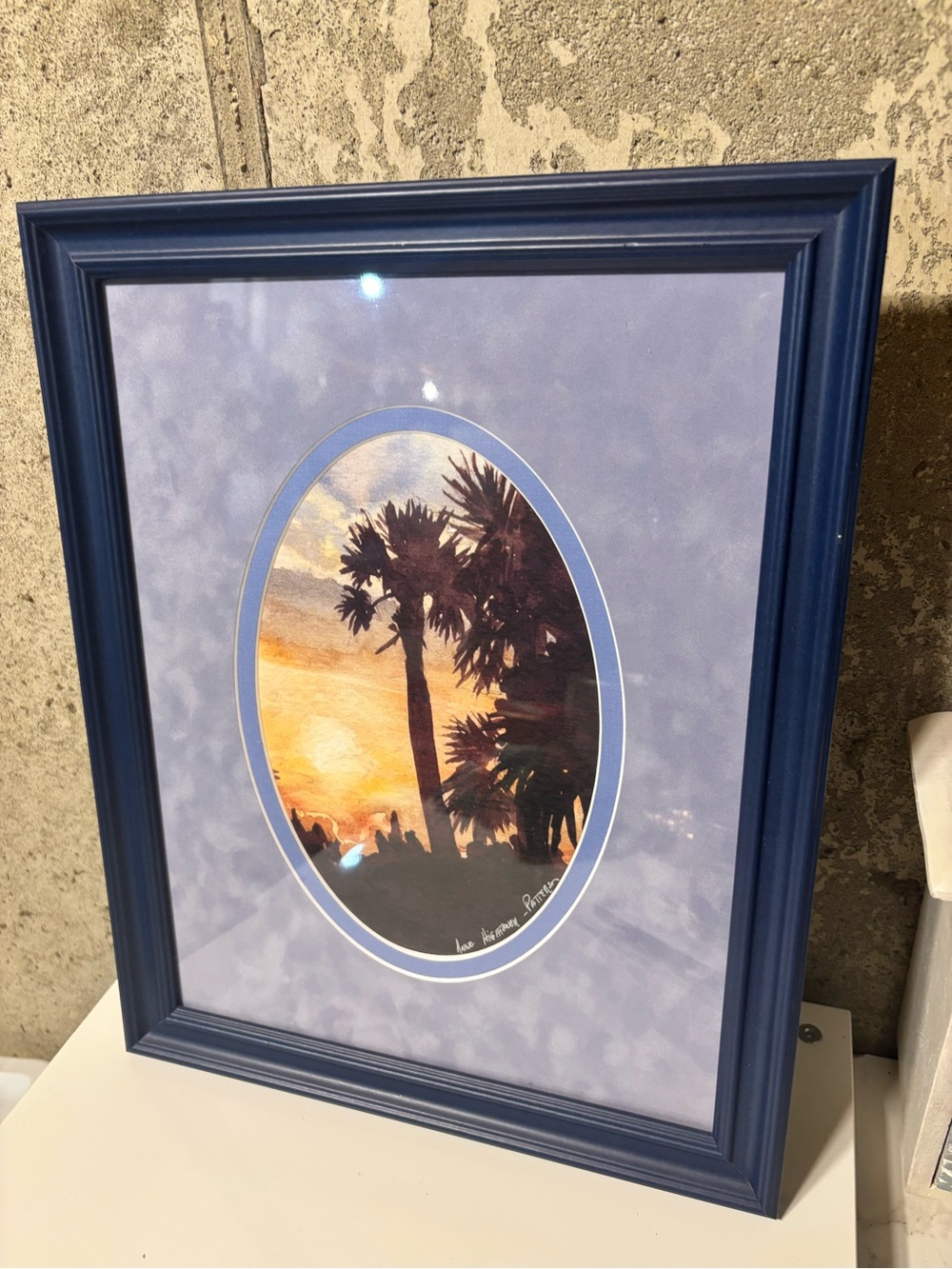 Blue Framed Palmetto Tree Sunset Watercolor by Anne Hightower Potter